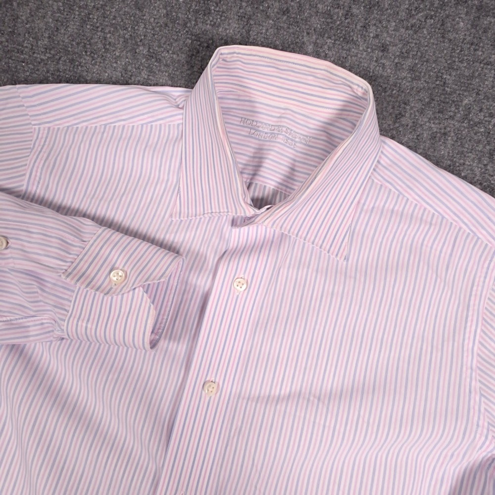 Holland & Sherry Dress Shirt Mens L Pink Blue Striped Long Sleeve